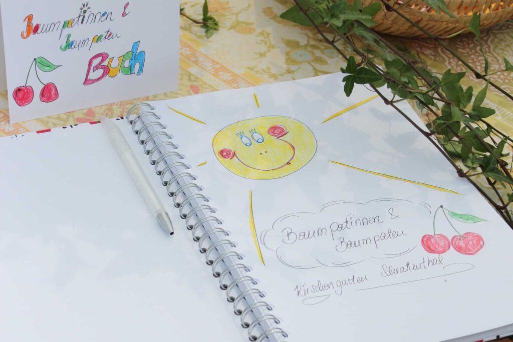 Zeichnung mit gemalter Sonne und Kirschen