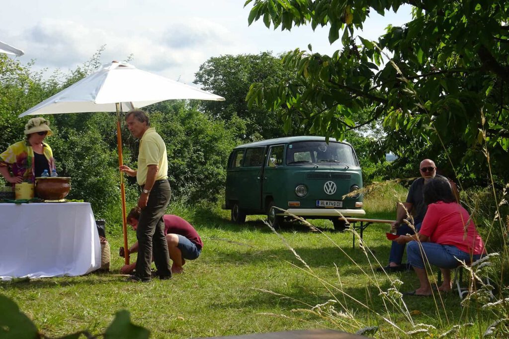 Dunkelgrüner VW-Bus steht in einem Kirschgarten