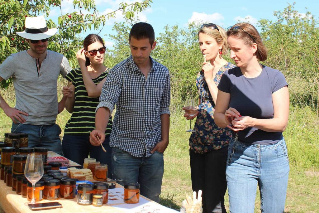 Menschen probieren Honig in einem Kirschgarten